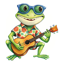 Obraz premium A cartoon frog wearing sunglasses and a hawaiian shirt playing the ukulele