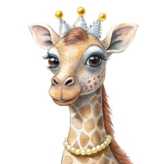A watercolor painting of a giraffe wearing a pearl necklace and a golden crown.