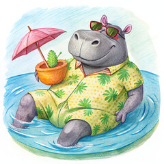 A watercolor painting of a hippopotamus wearing a hawaiian shirt and sunglasses, floating in a pool with a drink in its hand.