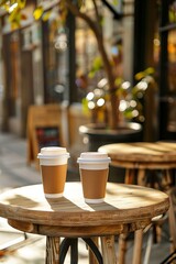 Morning coffee duo in urban cafe setting.