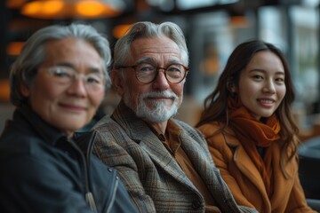 An elderly man with glasses, alongside two female friends of different ages, sharing a moment