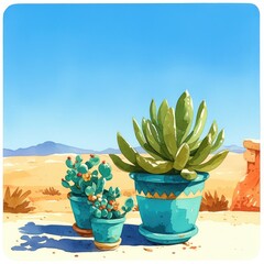 Tranquil Desert Oasis Turquoise Flowerpots in Serene Landscape