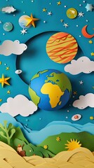 Fototapeta na wymiar A colorful paper art depiction of a stylized earth and space with celestial bodies and nature elements