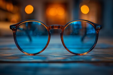 Sharp image of trendy eyeglasses with a glossy frame lying on a reflective surface with ambient lighting