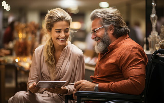 Man and woman sitting together viewing tablet. Generative AI