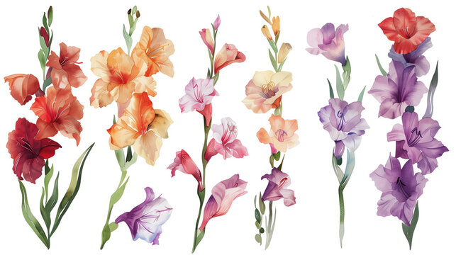 Collection of gladiolus flowers watercolor cutout png isolated on white or transparent background
