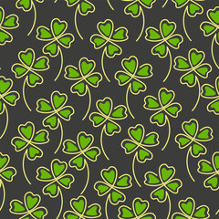  Line art clover four green leaf seamless pattern on black background. St. Patrick day symbol. Vector illustration