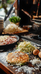 Traditional Okonomiyaki Recipe - Japanese Savory Pancake Preparation in a Homely Setting