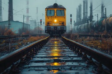A locomotive heads toward the camera on a foggy, mystical morning with light reflecting off wet rails - obrazy, fototapety, plakaty
