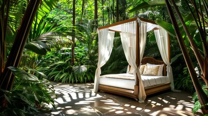 Serene Tropical Garden Canopy Bed in Lush Greenery