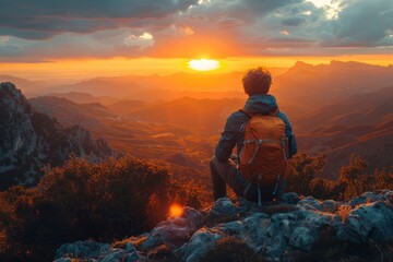 Silhouette of a backpacker on a mountain peak with a stunning sunset backdrop