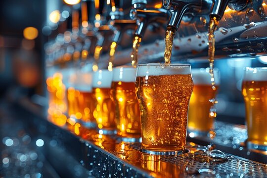 An array of beer glasses are being filled at a bar counter with shiny taps, conveying a sense of enjoyment and social gathering