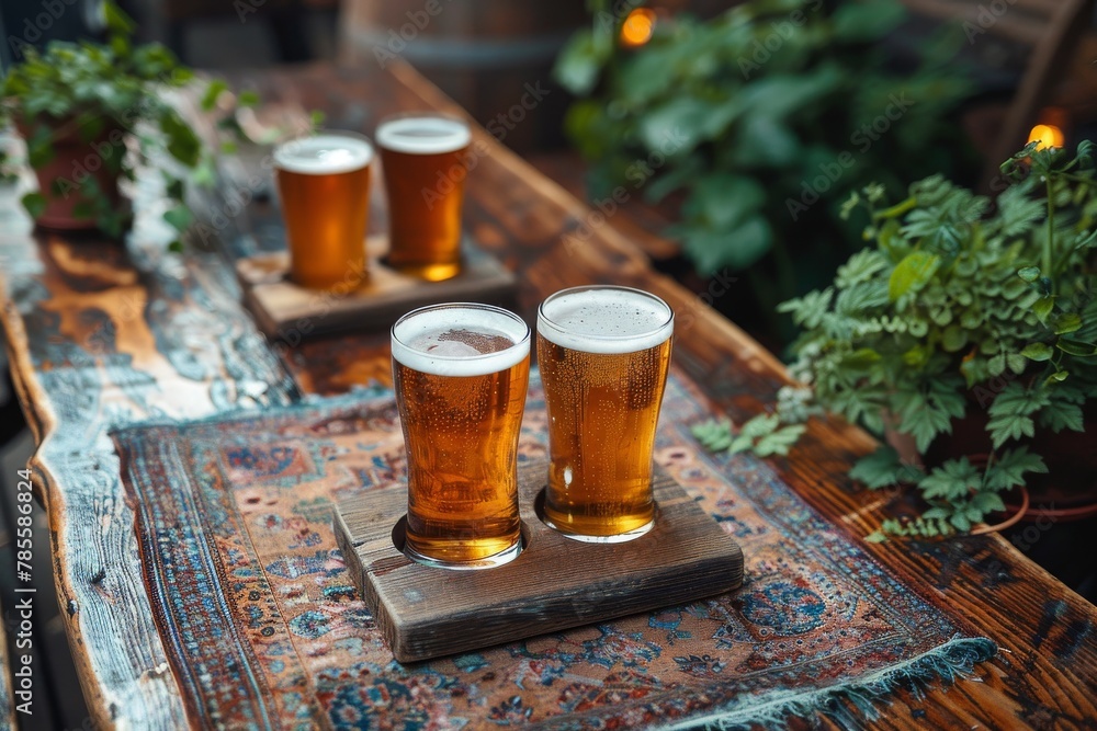 Poster close-up of two cold pint glasses of beer on a vibrant patterned table runner with lush greenery in 