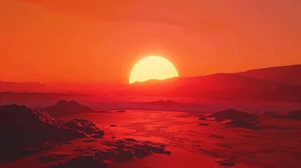 Deurstickers Martian Sunrise - Dramatic 3D scene revealing the vibrant hues of the red planet. © Postproduction