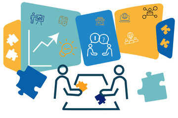 Obraz premium Problems solving and finding solutions. People holding puzzle elements. Vector illustration.