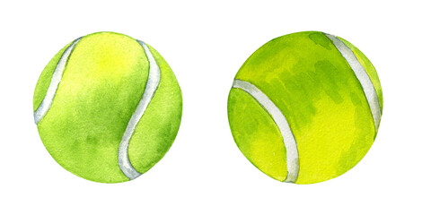 Watercolor set of tennis balls. Hand drawn sports illustrations  isolated on transparent.