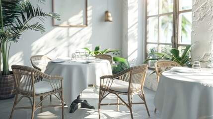 Bright and Airy Restaurant Corner - 3D rendering of a modern white restaurant corner with round tables and wicker chairs.