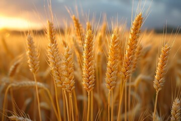 Obraz premium Close-up shot of ripe wheat ears with the warm glow of the sunrise in the backdrop, symbolizing agriculture and harvest