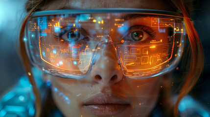 Woman wearing glasses with futuristic interface. Generative AI