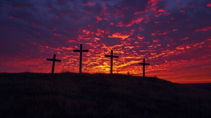 Three Weathered Crosses Silhouette at Sunset - Dramatic scene on barren hilltop.