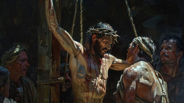 Crucifixion of Jesus Christ - Solemn and poignant atmosphere through a hyperrealistic painting.