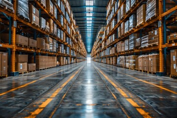 This image captures a perspective view of a modern warehouse interior with tall shelves stocked with boxes