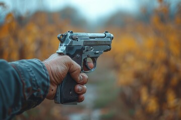 A focused shot of a hand holding a handgun with fall colored leaves in the blur background