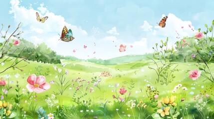 Springtime Watercolor Scene - Whimsical artwork with lush green hills, clear blue sky, playful butterflies, and blooming flowers.