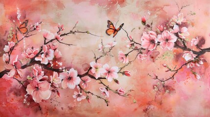 Obraz premium Cherry blossoms and vibrant butterflies in hues of pink and peach, Japanese watercolor style.