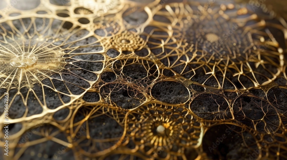 Poster mesmerizing gold fractal patterns forming intricate geometric background, emphasizing organic interc