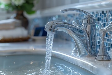 Clean, clear water flowing from a shiny, modern, open bathroom faucet against a tiled background