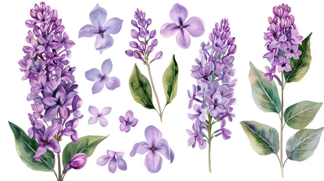 Collection of lilac flowers watercolor cutout png isolated on white or transparent background

