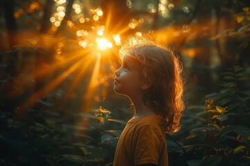 A child in a forest, with sunlight streaming through the trees, represents hope, new beginnings, mystery, and the innocence of youth