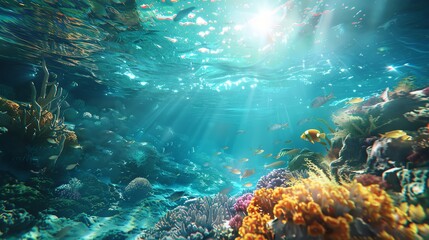 Dive into a mesmerizing digital realm, showcasing ethereal underwater worlds from a unique high-angle perspective, utilizing CG 3D rendering for a dreamlike experience