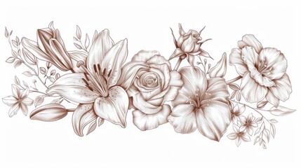 Hand-drawn line art illustrations of pastel blossoms, arranged in a whimsical and romantic composition.