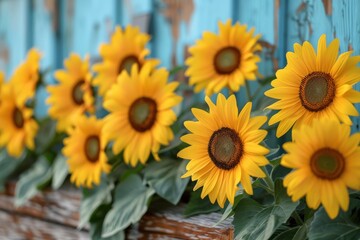 Fototapeta premium Vibrant, fully bloomed sunflowers in front of a rustic blue wooden background, showcasing the contrast between nature and man-made