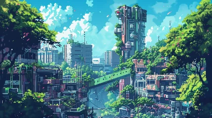 Fotobehang Illustrate a futuristic cityscape blending into a lush jungle using pixel art, with a worms eye view for dramatic effect © AI Farm