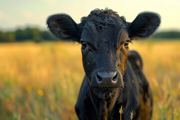 High-definition, close-up portrait of a young black cow with expressive eyes standing in a golden field
