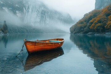 A serene wooden boat moored on a calm mountain lake with misty cliffs and autumnal trees in the backdrop - obrazy, fototapety, plakaty