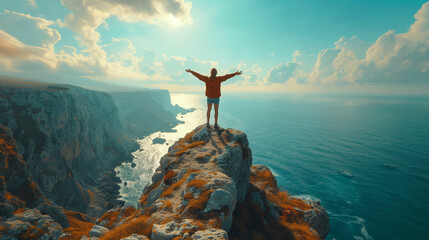 Man standing on cliff overlooking ocean. Generative AI