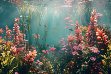 Obraz na płótnie Canvas Enchanted Underwater Garden with Sunrays Illuminating Vivid Pink Aquatic Plants and Fish