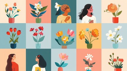 Colorful flat cartoon templates celebrating International Women's Day with diverse women united by flowers.