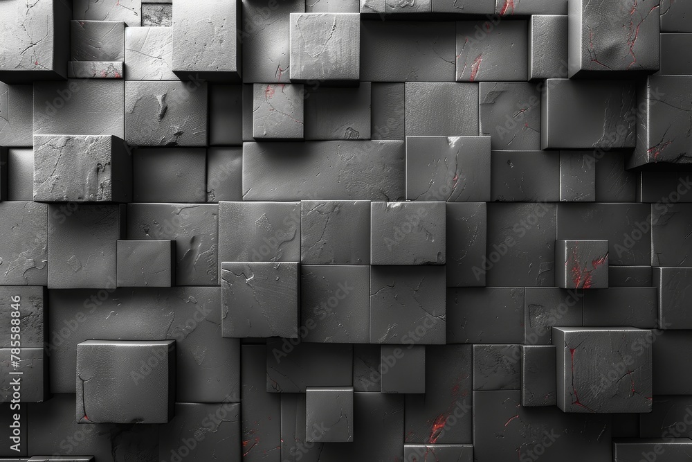 Poster high-resolution image displays an abstract pattern of square tiles in shades of grey, artistically d