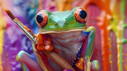 Close-up photorealistic image of tree frog with bulging eyes, clinging to paintbrush dipped in rainbow of dripping paint. - Powered by Adobe