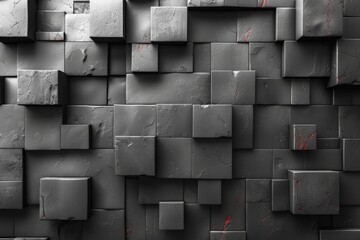 High-resolution image displays an abstract pattern of square tiles in shades of grey, artistically designed with occasional red accents