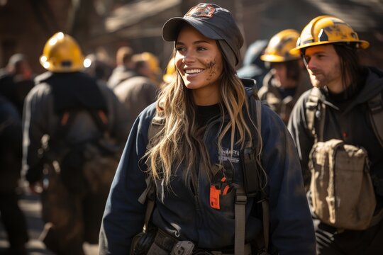 Confident female civil engineer with drawings on a busy construction site, showing leadership and experience in the field. Women&#039;s work and professionalism
