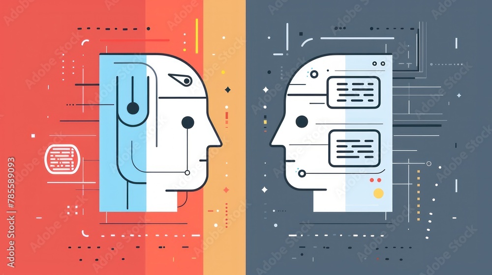 Poster human and ai interaction through text bubbles in a minimalist flat design, highlighting collaborativ
