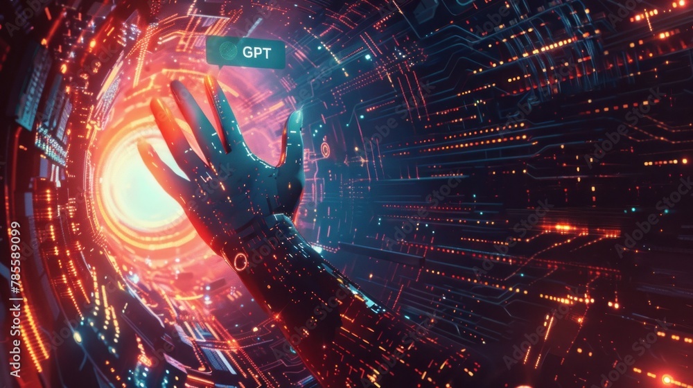 Aufkleber ai chat interface with a hand reaching out from a data vortex, symbolizing connection in the digital
