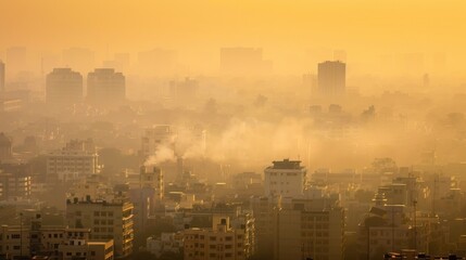 Urban Sprawl Shrouded in Smog - Environmental crisis and air pollution awareness.