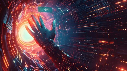 AI chat interface with a hand reaching out from a data vortex, symbolizing connection in the digital world.